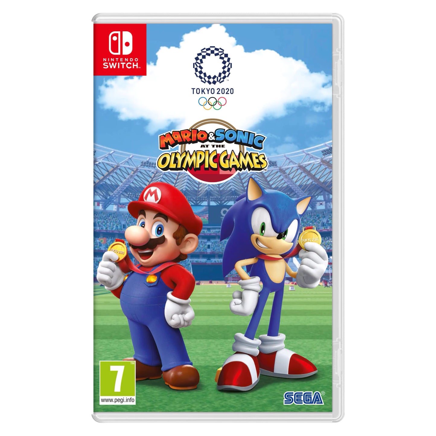 Nintendo Mario and Sonic at the Olympic Games Tokyo 2020 cover med Mario, Sonic, medaljer, stadion og OL-logoer.