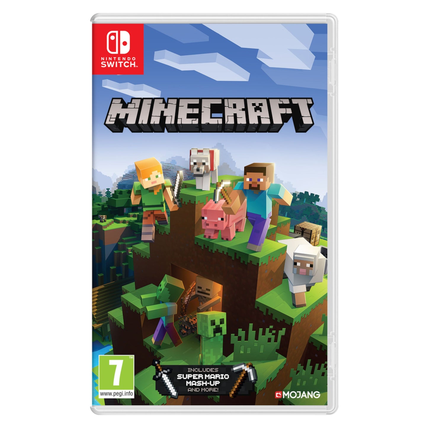Minecraft Nintendo Switch cover med blokfigurer, creeper, Survival Mode, aldersmærke 7+, Switch og Mojang logo.