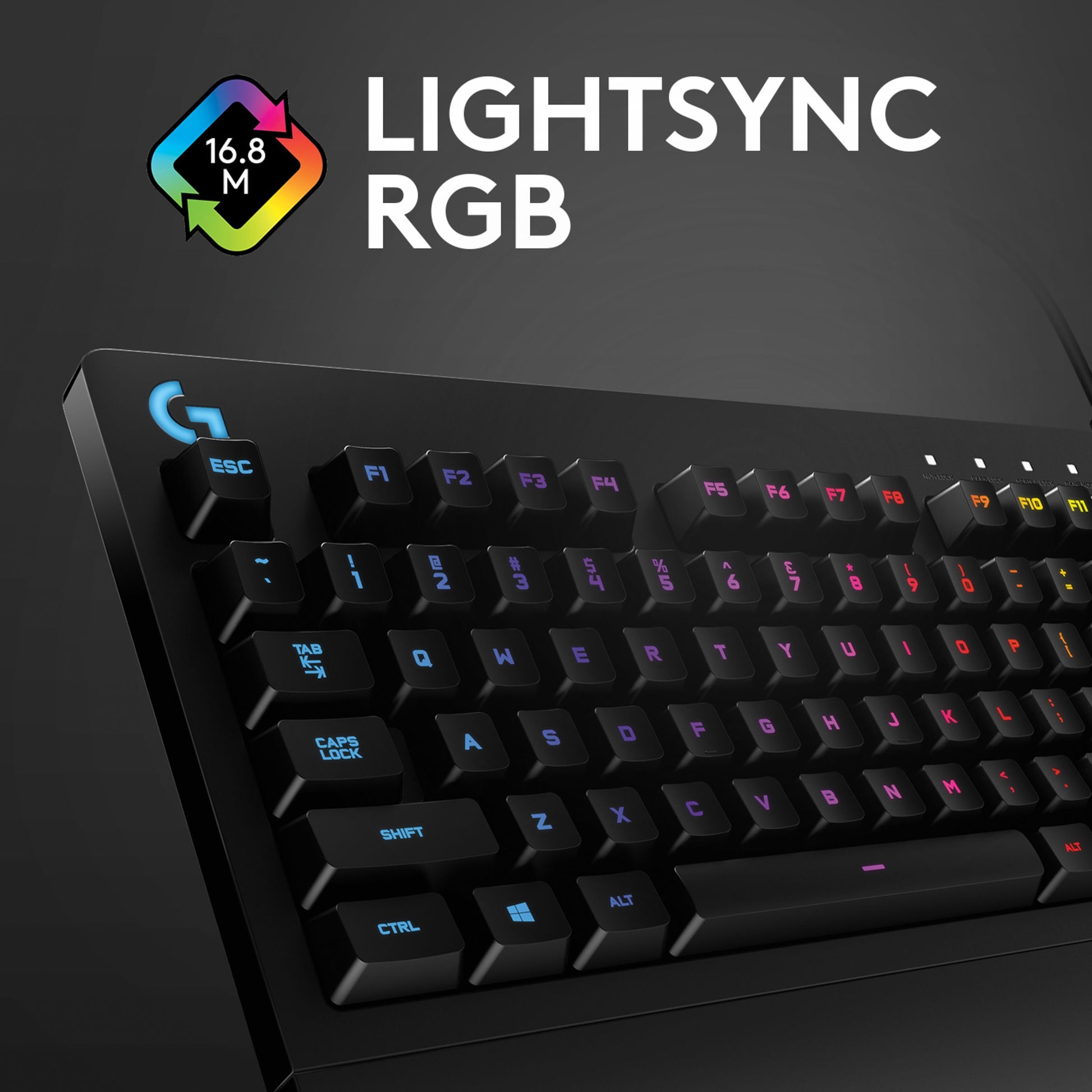 Logitech G213 Prodigy sort gaming-tastatur med LIGHTSYNC RGB, G-logo i hjørnet, understøttelse af 16,8 mio. farver.