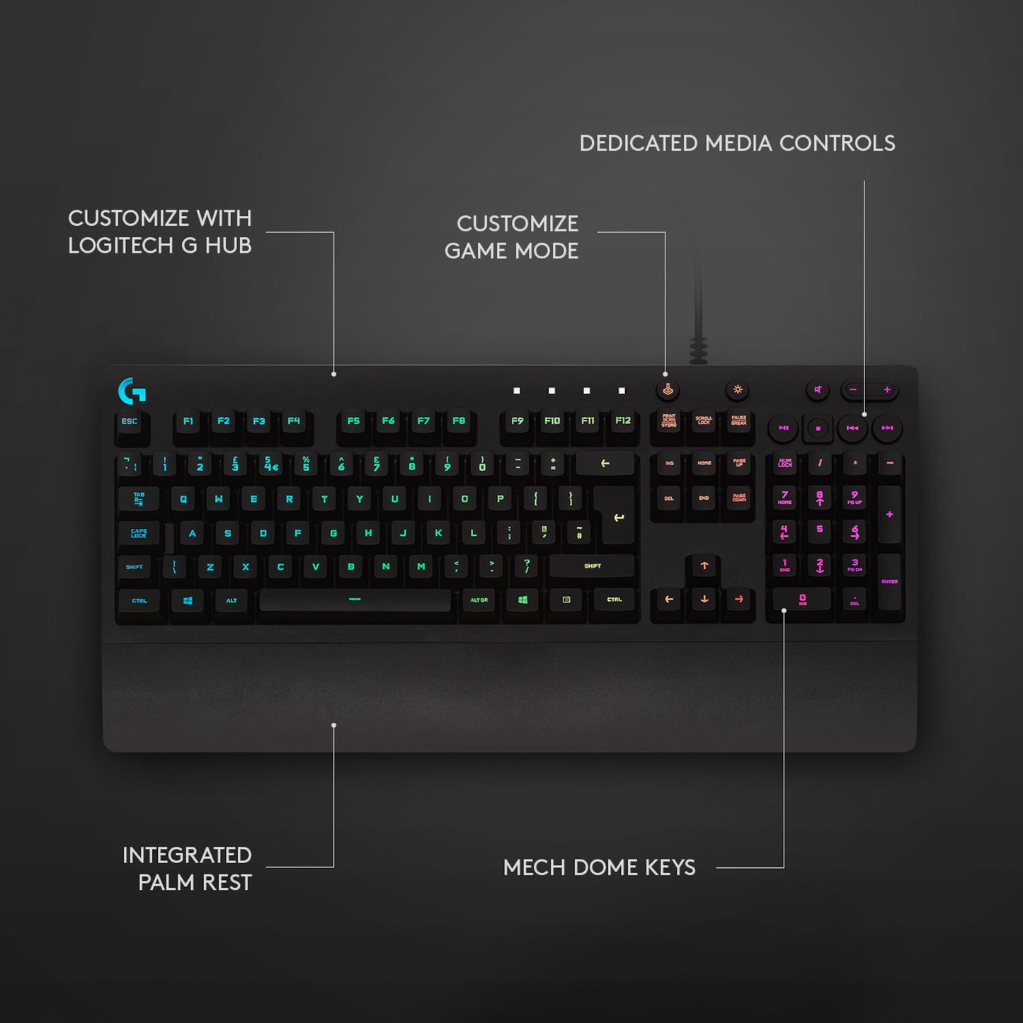 Logitech G213 Prodigy gaming-tastatur med RGB-belysning, håndledsstøtte, mech dome-taster og mediekontroller.