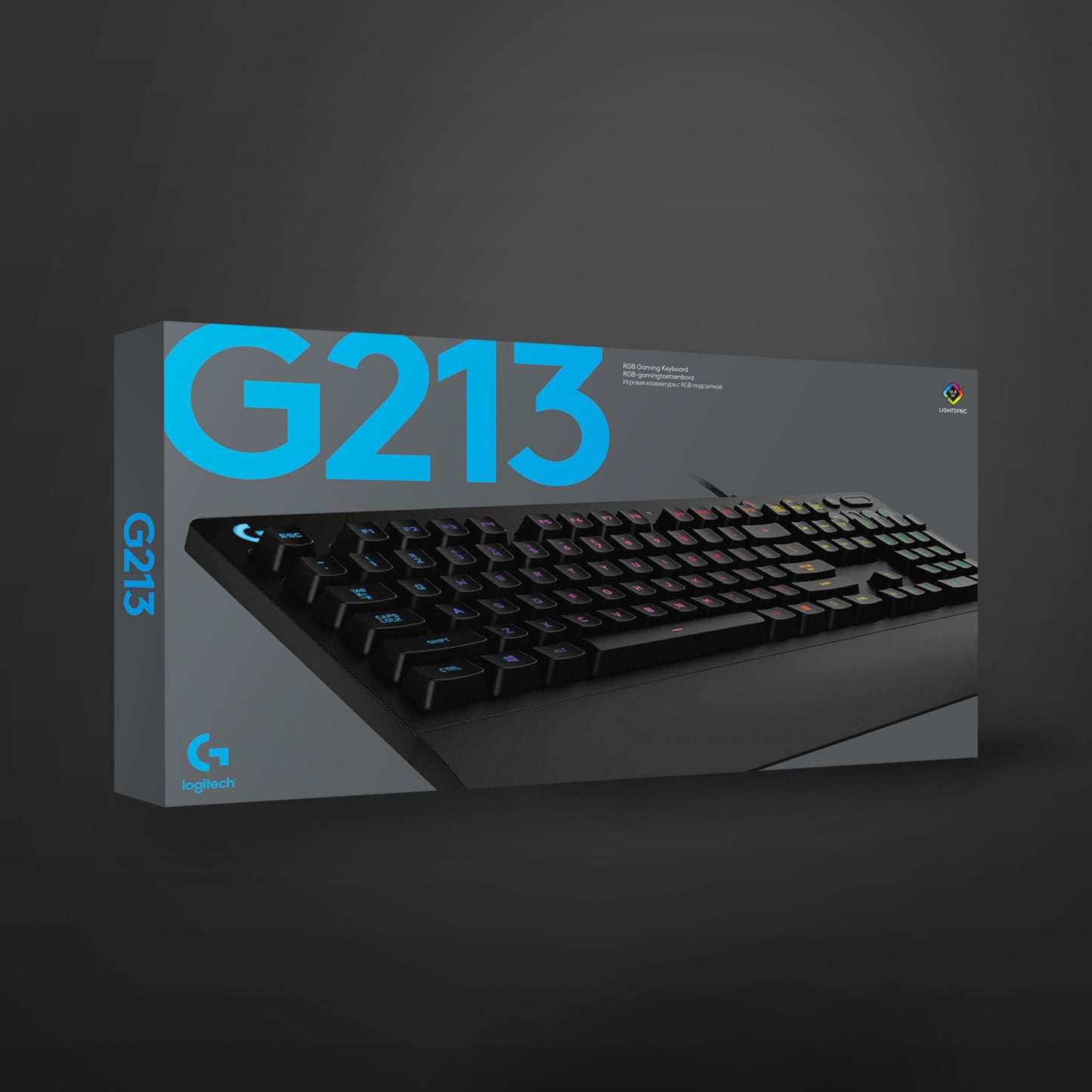 Logitech G213 Prodigy gaming tastatur æske med blåt G213-logo og billede af RGB-belyst tastatur på mørk baggrund.
