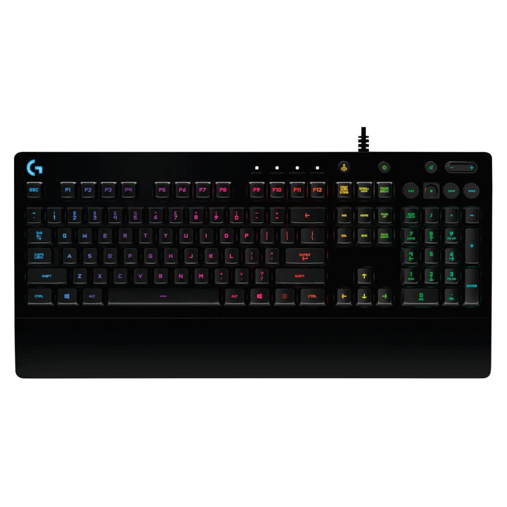 Logitech G213 Prodigy gaming-tastatur sort med RGB-belysning, funktionstaster, numerisk tastatur og medieknapper.