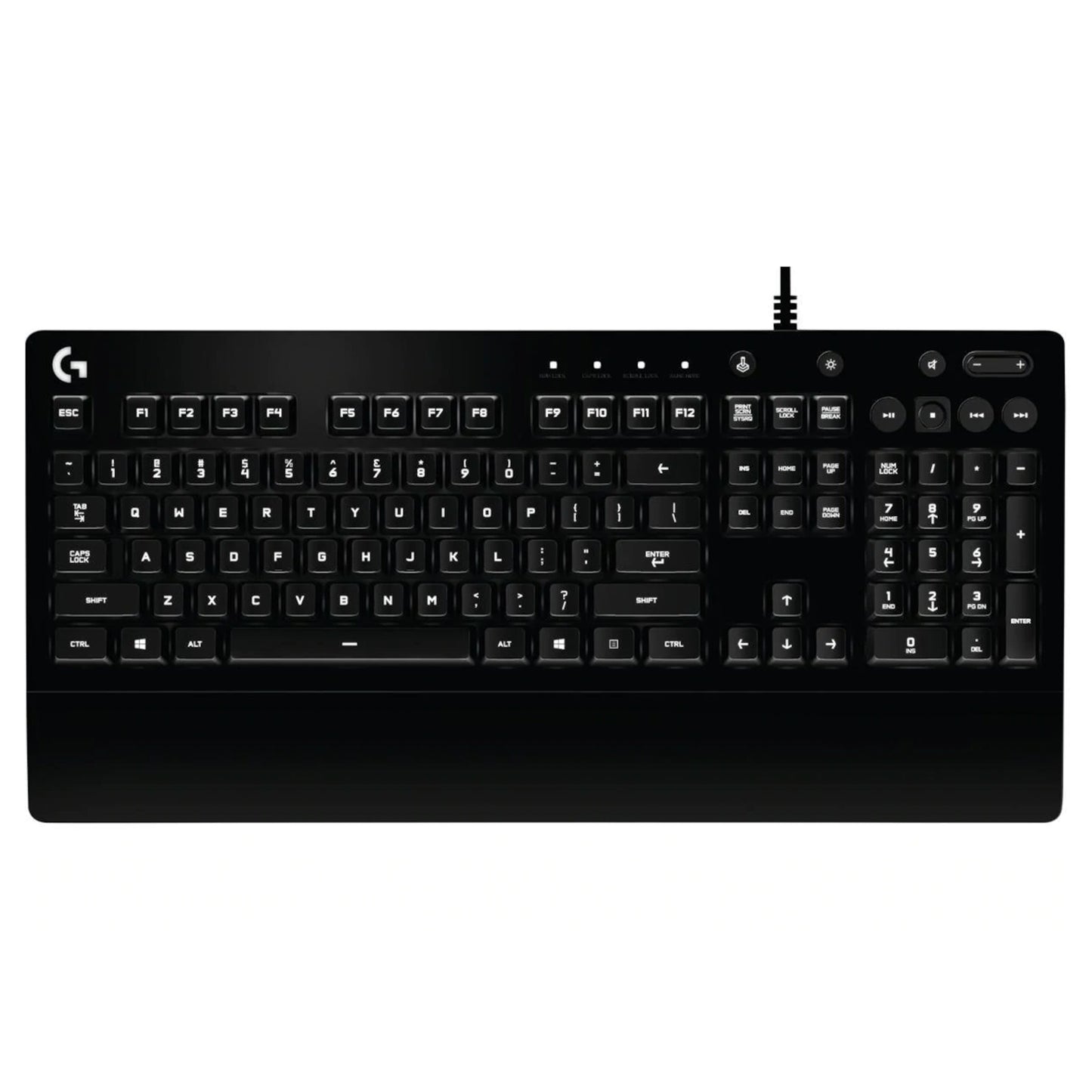 Logitech G 213 Prodigy gaming-tastatur sort med RGB-lys, numerisk tastatur, funktionsknapper, håndledsstøtte, G-logo.