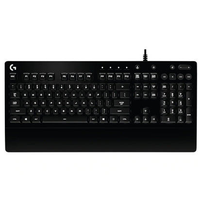 Logitech G 213 Prodigy gaming-tastatur sort med RGB-lys, numerisk tastatur, funktionsknapper, håndledsstøtte, G-logo.