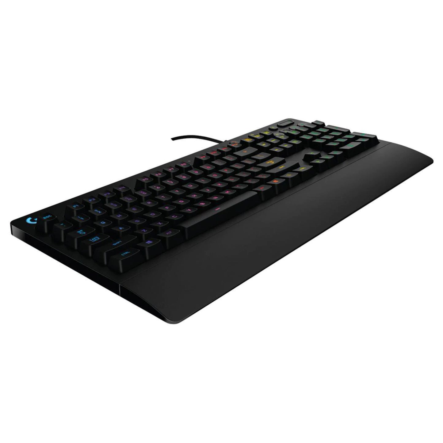 Logitech G 213 Prodigy gaming-tastatur sort med RGB-belysning, aftagelig håndledsstøtte og vinklet design.