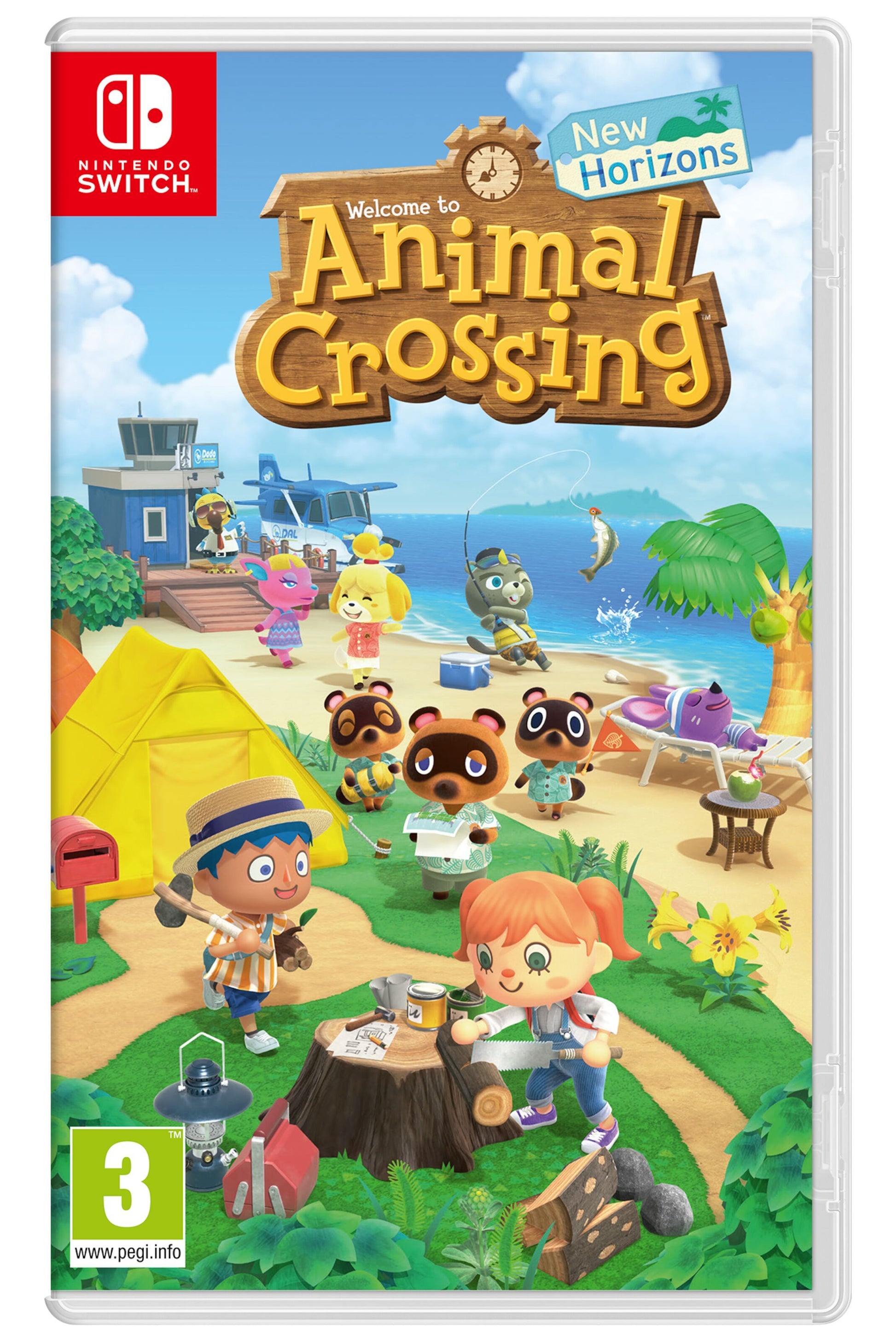 Nintendo Animal Crossing: New Horizons til Switch cover med dyr og mennesker på østrand, telte, træer og muldvarp.