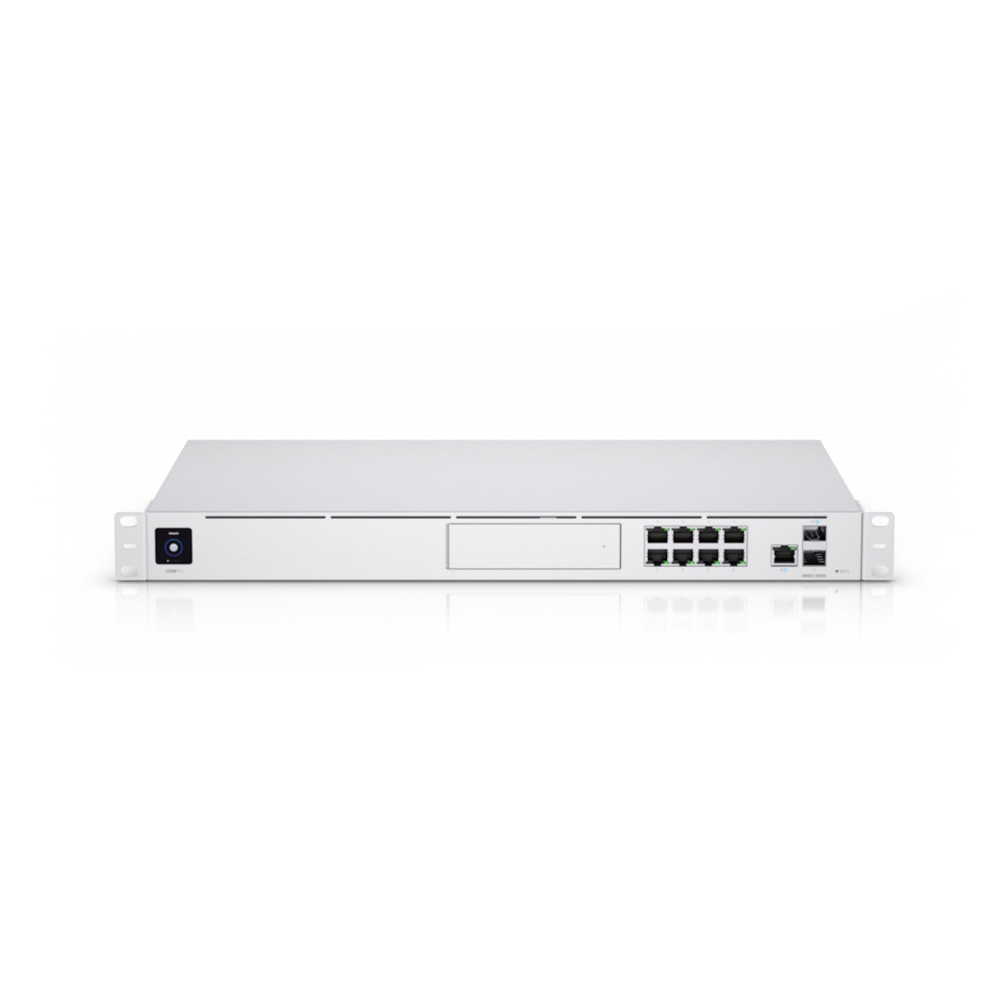 Ubiquiti Unifi Dream Machine Pro controller og firewall front, flere Ethernet-porte, SFP-port, power-knap, rackmount beslag.