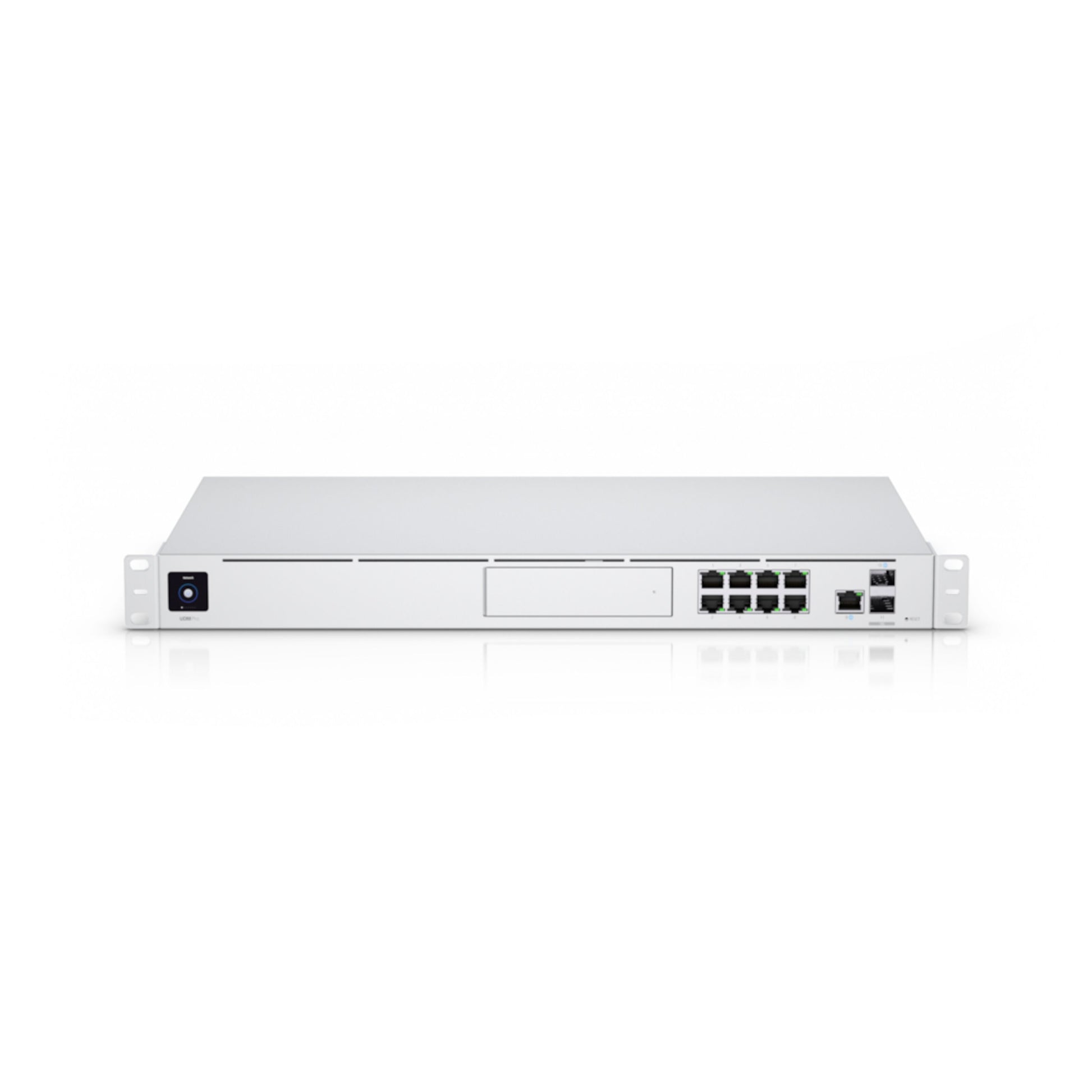 Ubiquiti Unifi Dream Machine Pro controller og firewall front, flere Ethernet-porte, SFP-port, power-knap, rackmount beslag.