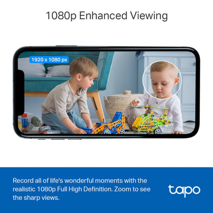 TP-Link Tapo C100 trådløst overvågningskamera 1080p Full HD, smartphone-skærm med "1080p Enhanced Viewing" og logo.