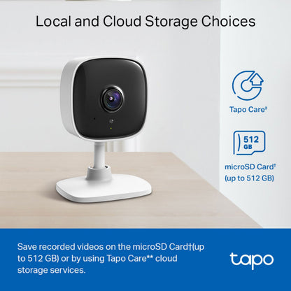 TP-Link Tapo C100 hvidt trådløst overvågningskamera, ikoner til Tapo Care cloud-lagring og microSD op til 512 GB.