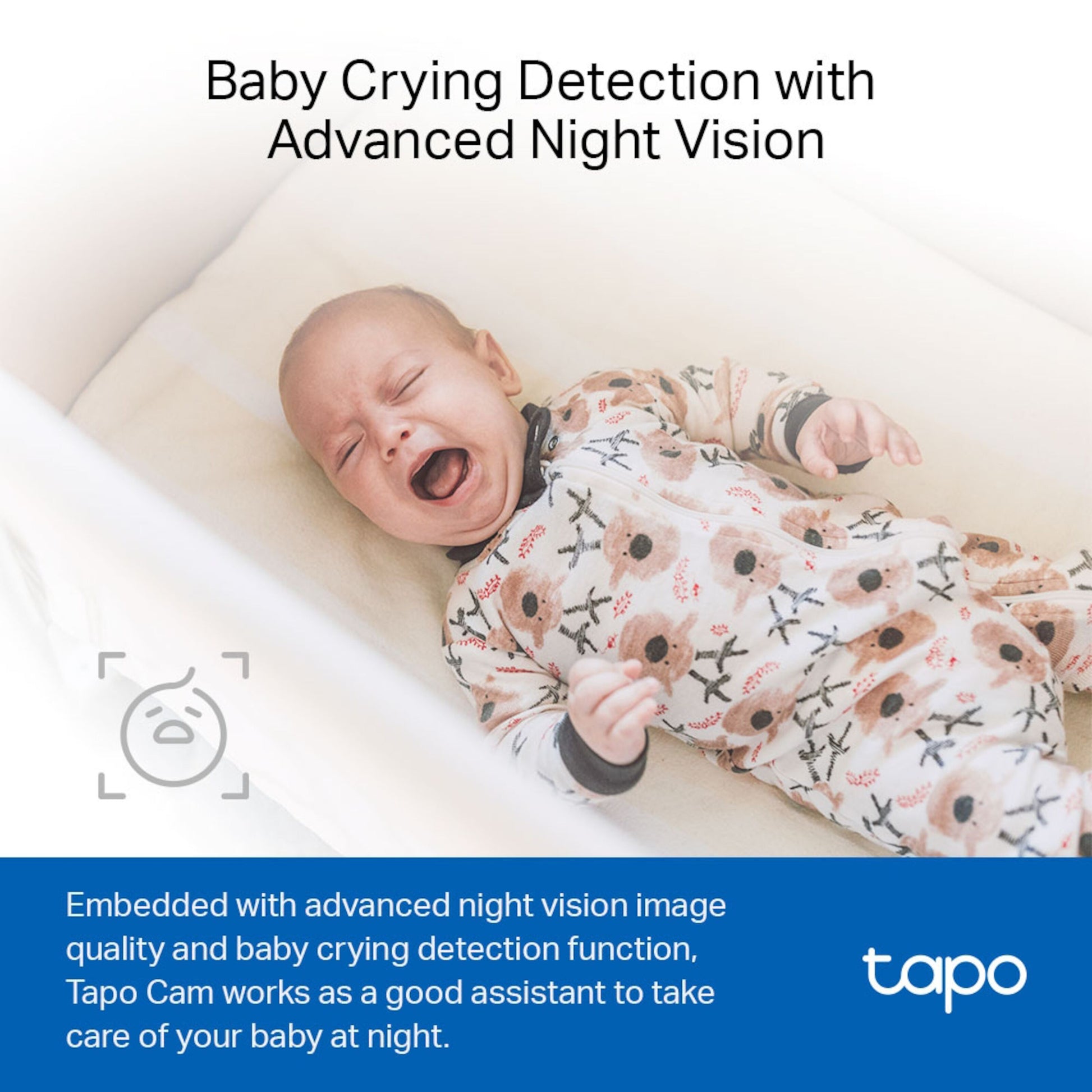 TP-Link Tapo C100 trådløs overvågningskamera, tekst: Registrering af babygråd  avanceret nattesyn.