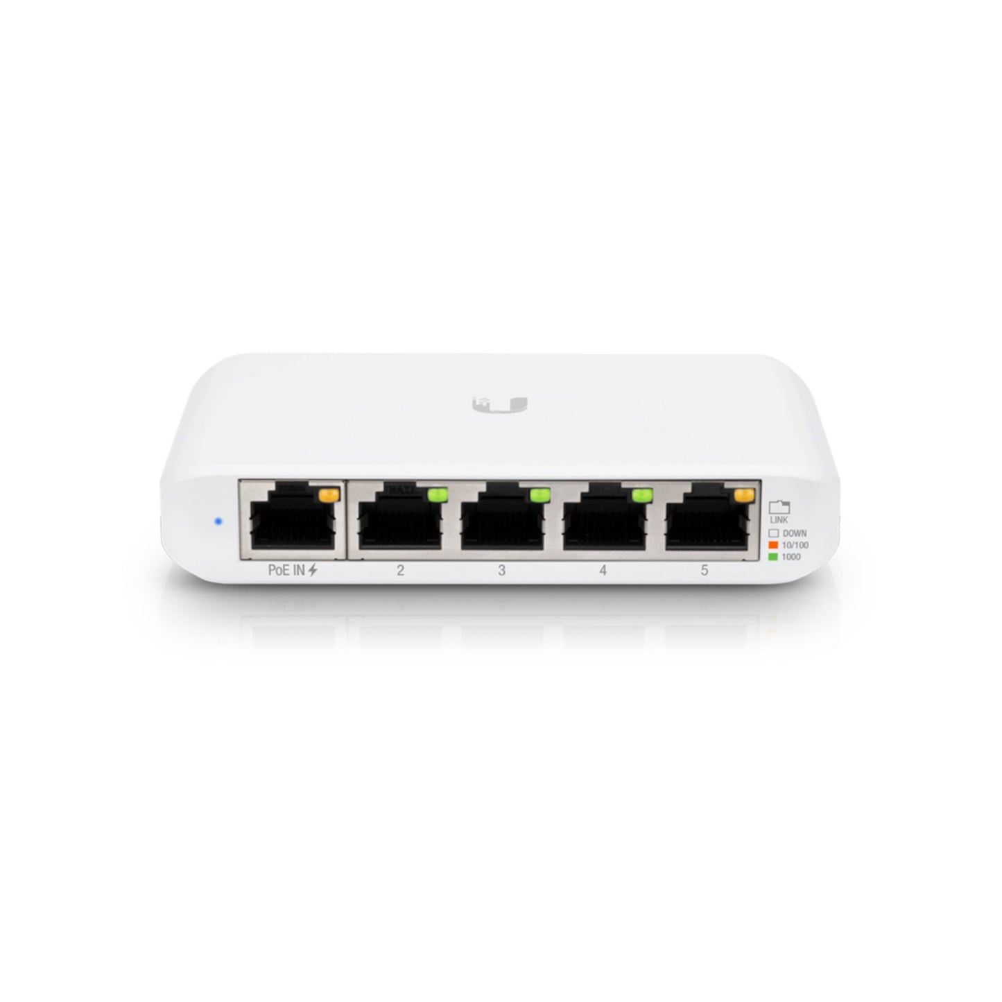 Ubiquiti Unifi USW Flex Mini Gigabit switch med 5 Ethernet-porte, statuslys og blæserløst design.