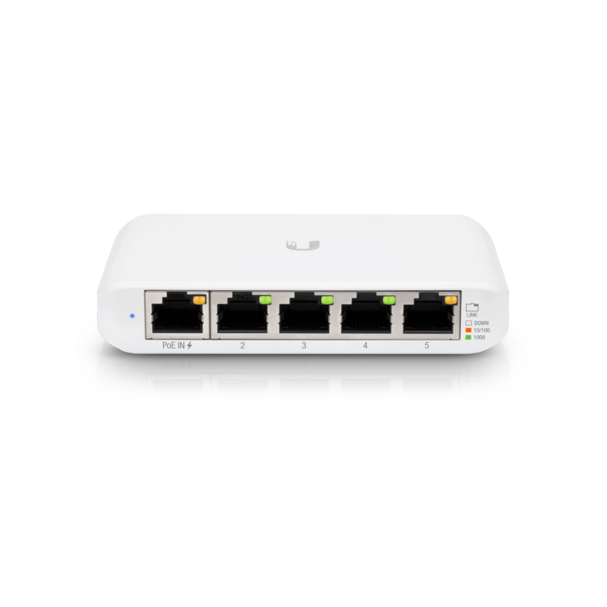 Ubiquiti Unifi USW Flex Mini Gigabit switch med 5 Ethernet-porte, statuslys og blæserløst design.