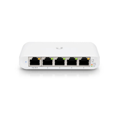 Ubiquiti Unifi USW Flex Mini Gigabit switch med 5 Ethernet-porte, statuslys og blæserløst design.