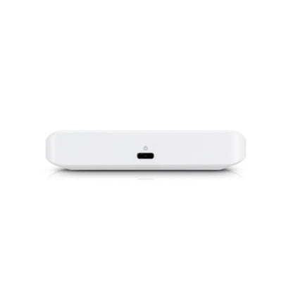 Ubiquiti Unifi USW Flex Mini Gigabit switch, hvid, 5 porte, rektangulær med afrundede hjørner og centreret USB-C port.