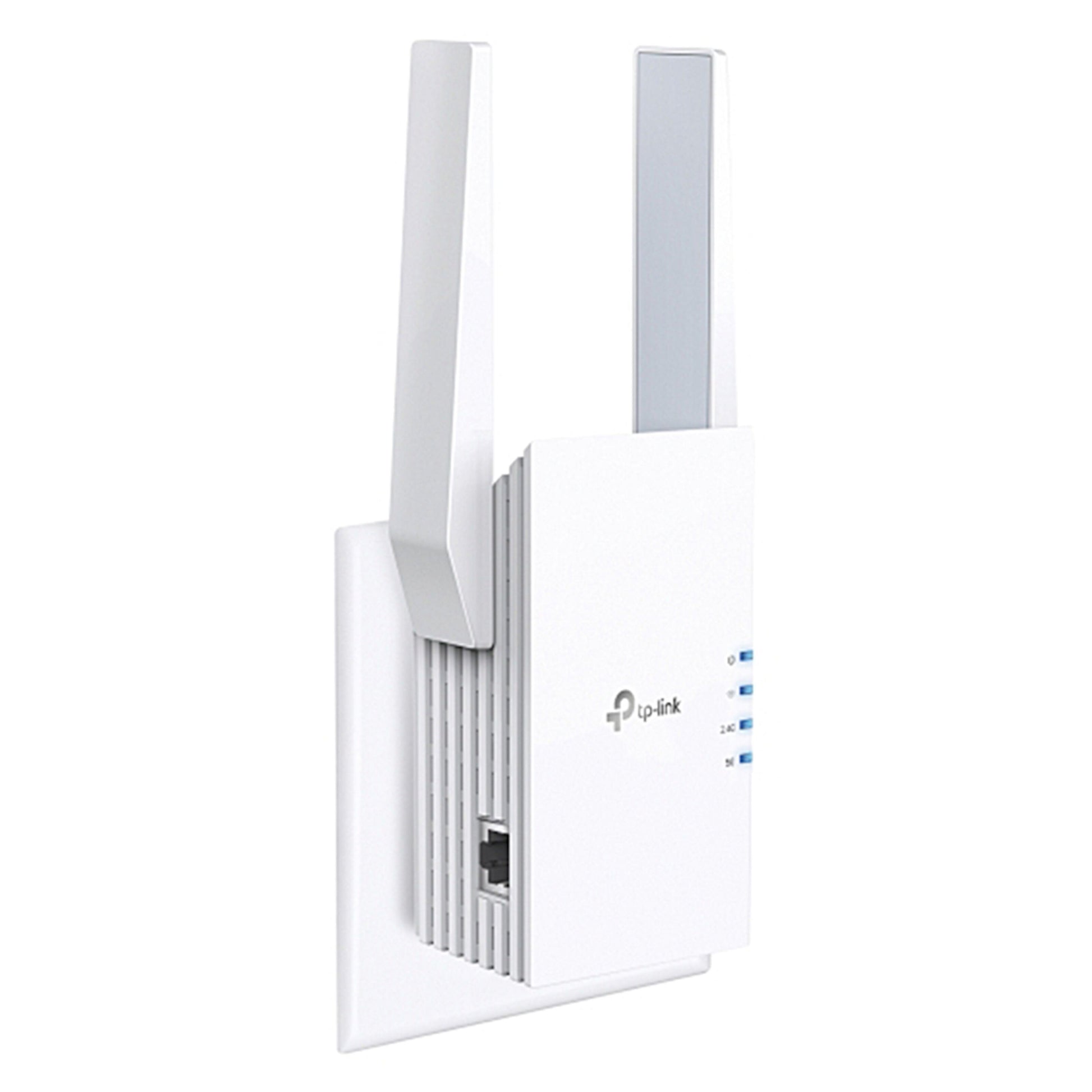 TP-Link RE505X AX1500 wifi-repeater hvid med to antenner og indikatorlys til stikkontakt.