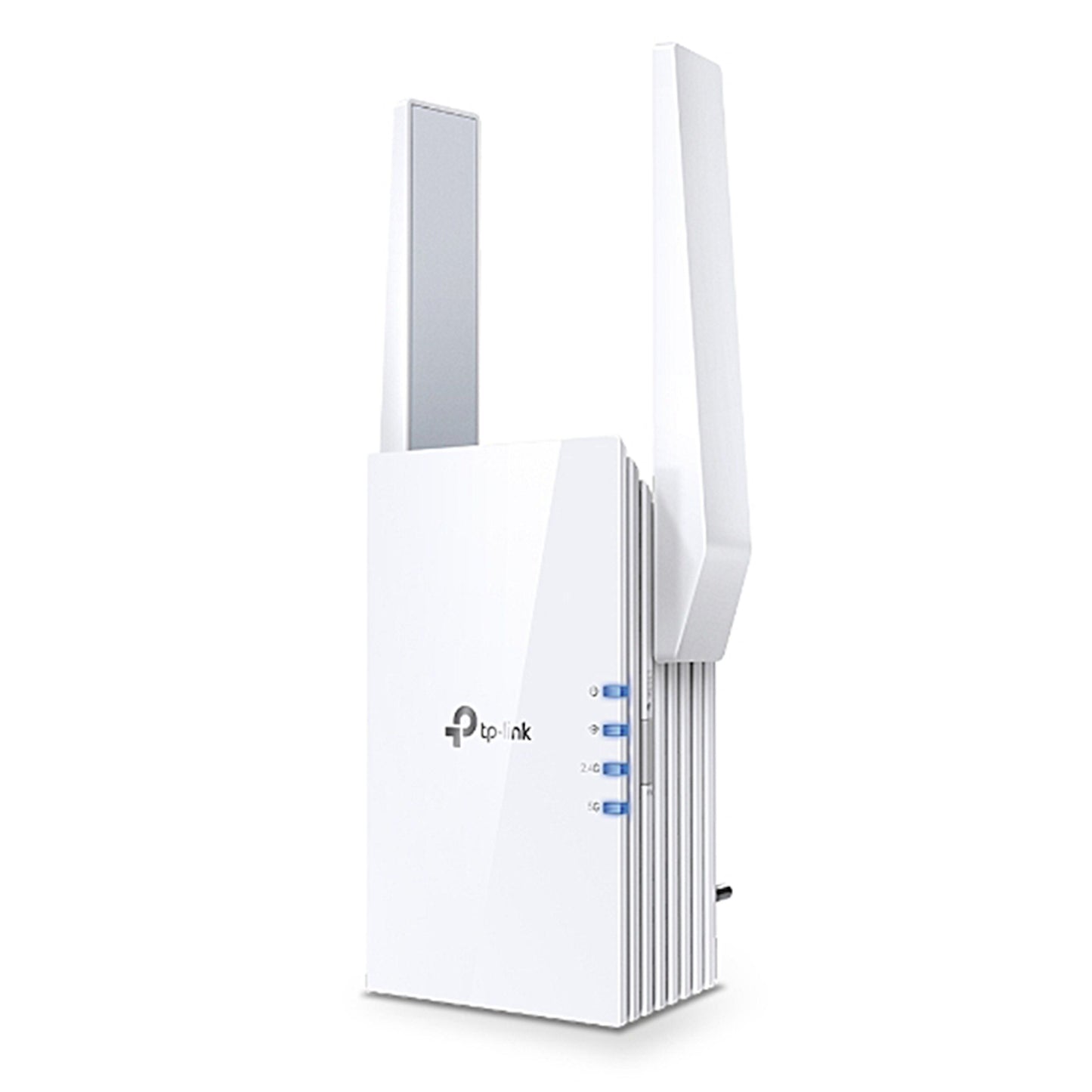 TP-Link RE505X AX1500 WiFi 6 extender, hvid, to lodrette antenner, frontindikatorer, mesh support.