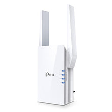 TP-Link RE505X AX1500 WiFi 6 extender, hvid, to lodrette antenner, frontindikatorer, mesh support.