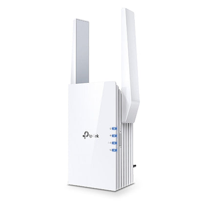 TP-Link RE505X AX1500 WiFi 6 extender, hvid, to lodrette antenner, frontindikatorer, mesh support.