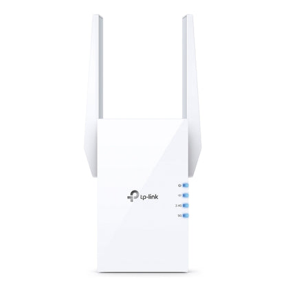 TP-Link RE505X AX1500 WiFi-repeater med to antenner, fire blå indikatorer (strøm, 2,4G, 5G, signal), hvidt kabinet.