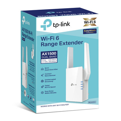 TP-Link RE505X WiFi-repeater AX1500 i blå/hvid æske med WiFi 6, dual-band, mesh, Dead-Zone Killer og multi-enhed support.