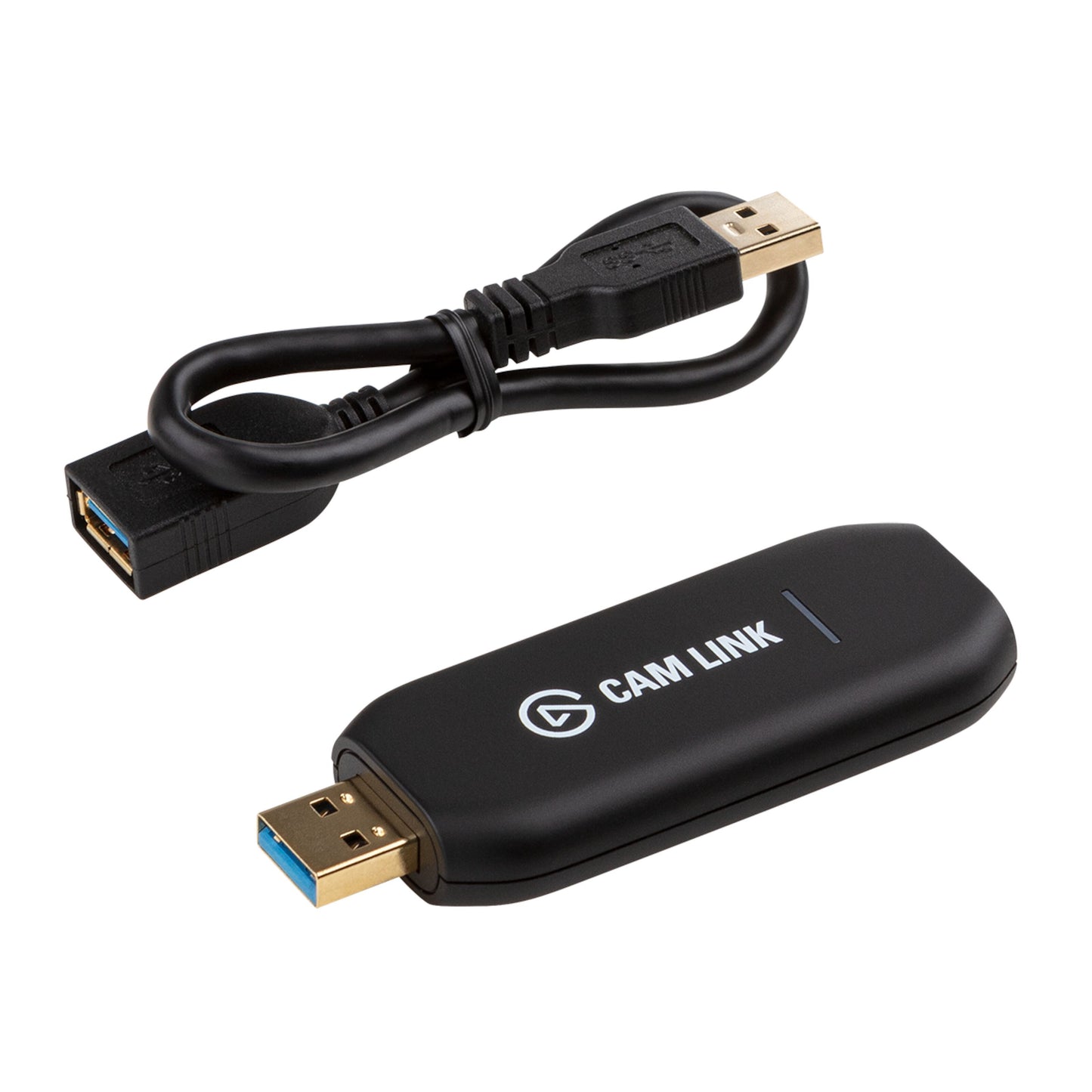 Sort USB-A til USB-A forlængerkabel og sort Elgato Cam Link 4K kameraadapter med hvid HDMI-tekst.