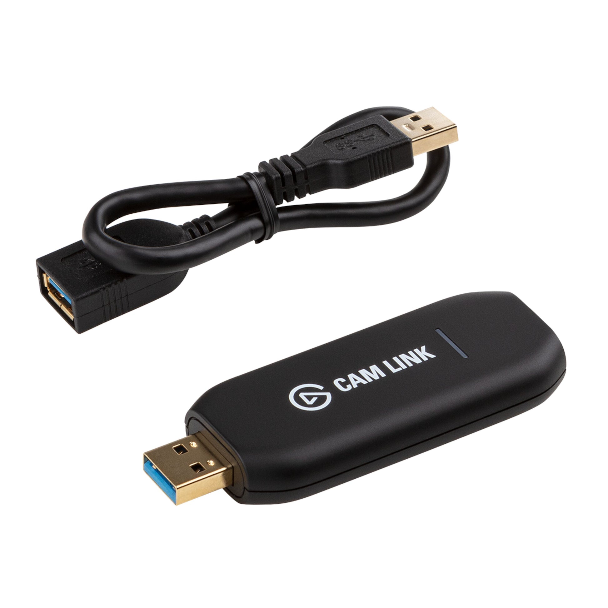 Sort USB-A til USB-A forlængerkabel og sort Elgato Cam Link 4K kameraadapter med hvid HDMI-tekst.