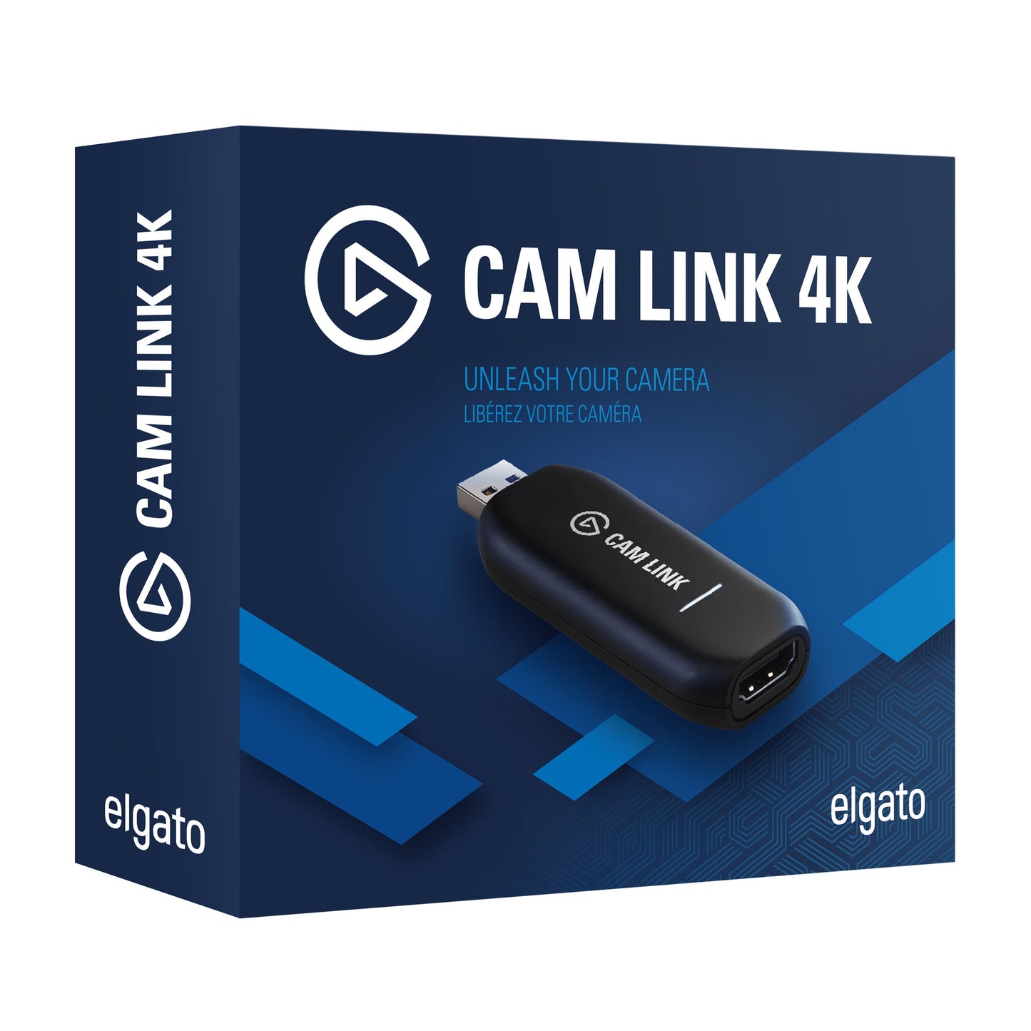 Elgato Cam Link 4K kameraadapter æske med produktbillede, HDMI-info, Elgato-logo og teksten UNLEASH YOUR CAMERA.
