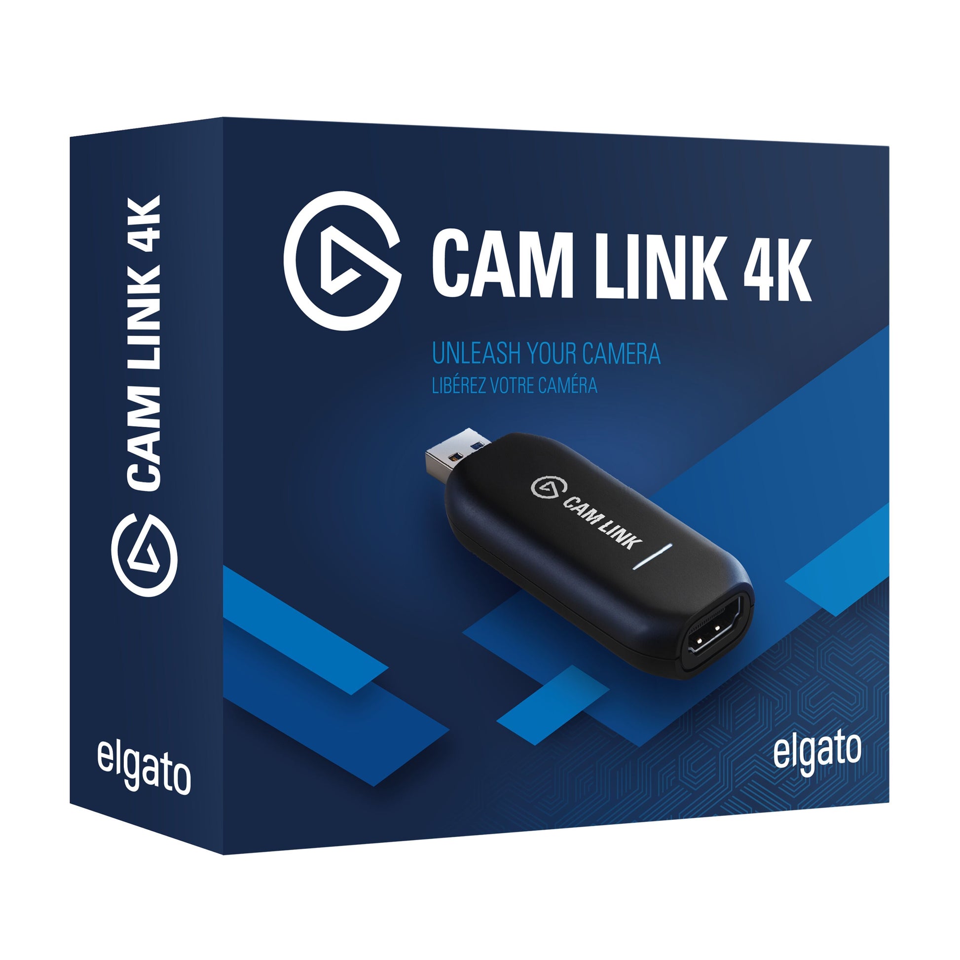 Elgato Cam Link 4K kameraadapter æske med produktbillede, HDMI-info, Elgato-logo og teksten UNLEASH YOUR CAMERA.