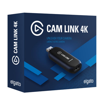 Elgato Cam Link 4K kameraadapter æske med produktbillede, HDMI-info, Elgato-logo og teksten UNLEASH YOUR CAMERA.