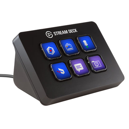 Elgato Stream Deck Mini sort programmerbart tastatur med 6 LCD-taster, farvede ikoner og synligt USB-kabel.