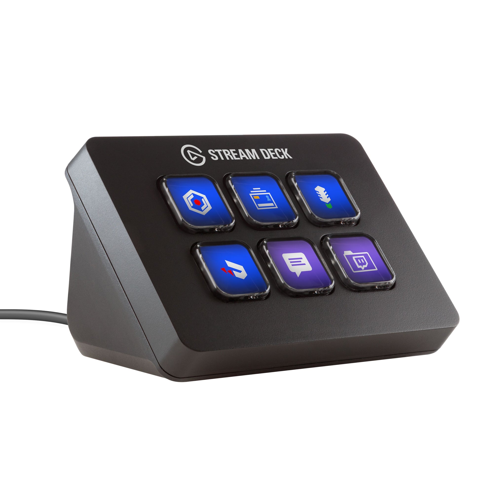 Elgato Stream Deck Mini sort programmerbart tastatur med 6 LCD-taster med ikoner og USB-kabel til venstre.