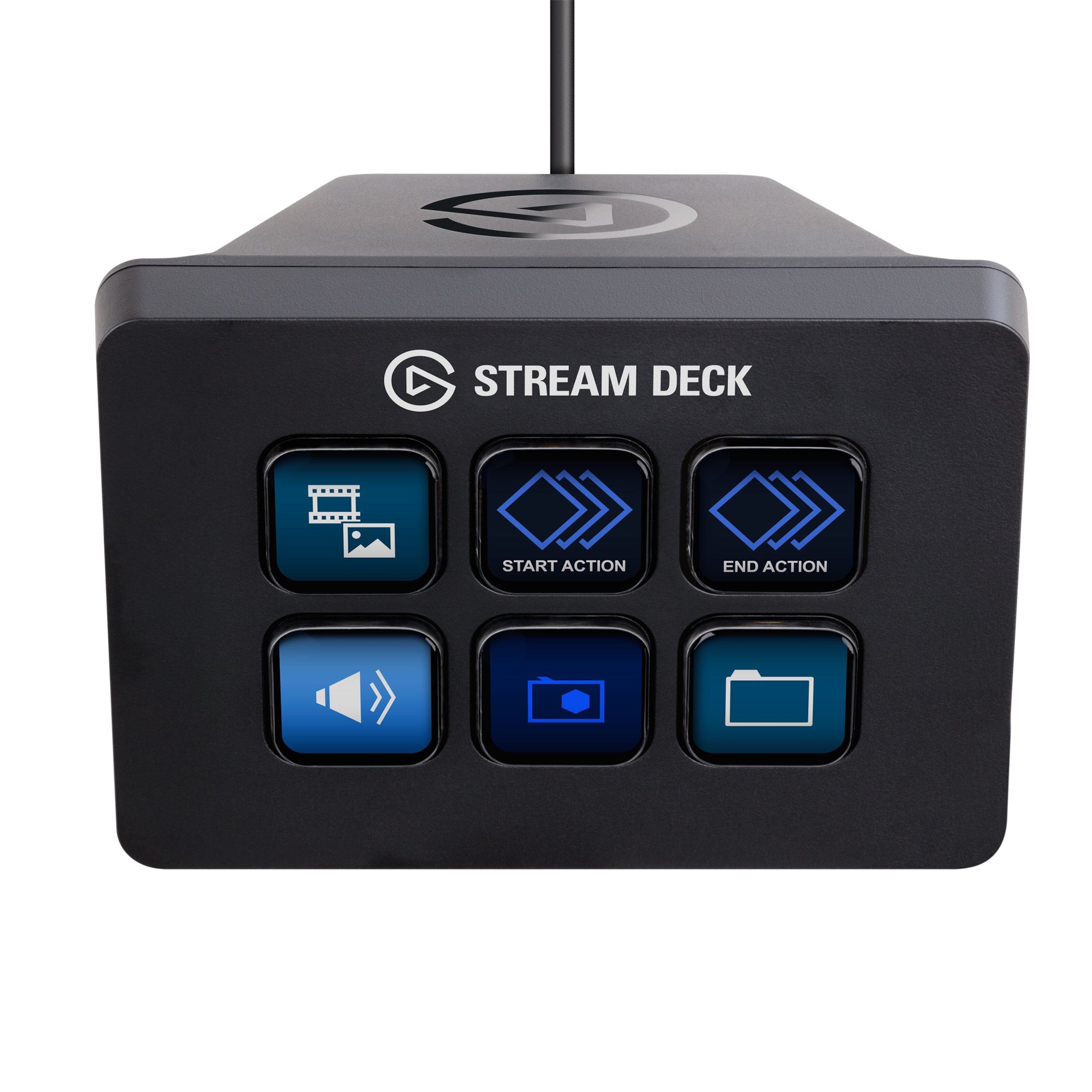 Elgato Stream Deck Mini programmerbart tastatur med 6 LCD-taster med ikoner som filmstrimmel, pile, lyd og kamera.
