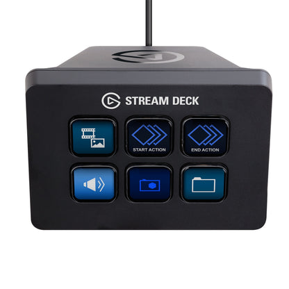 Elgato Stream Deck Mini programmerbart tastatur med 6 LCD-taster med ikoner som filmstrimmel, pile, lyd og kamera.