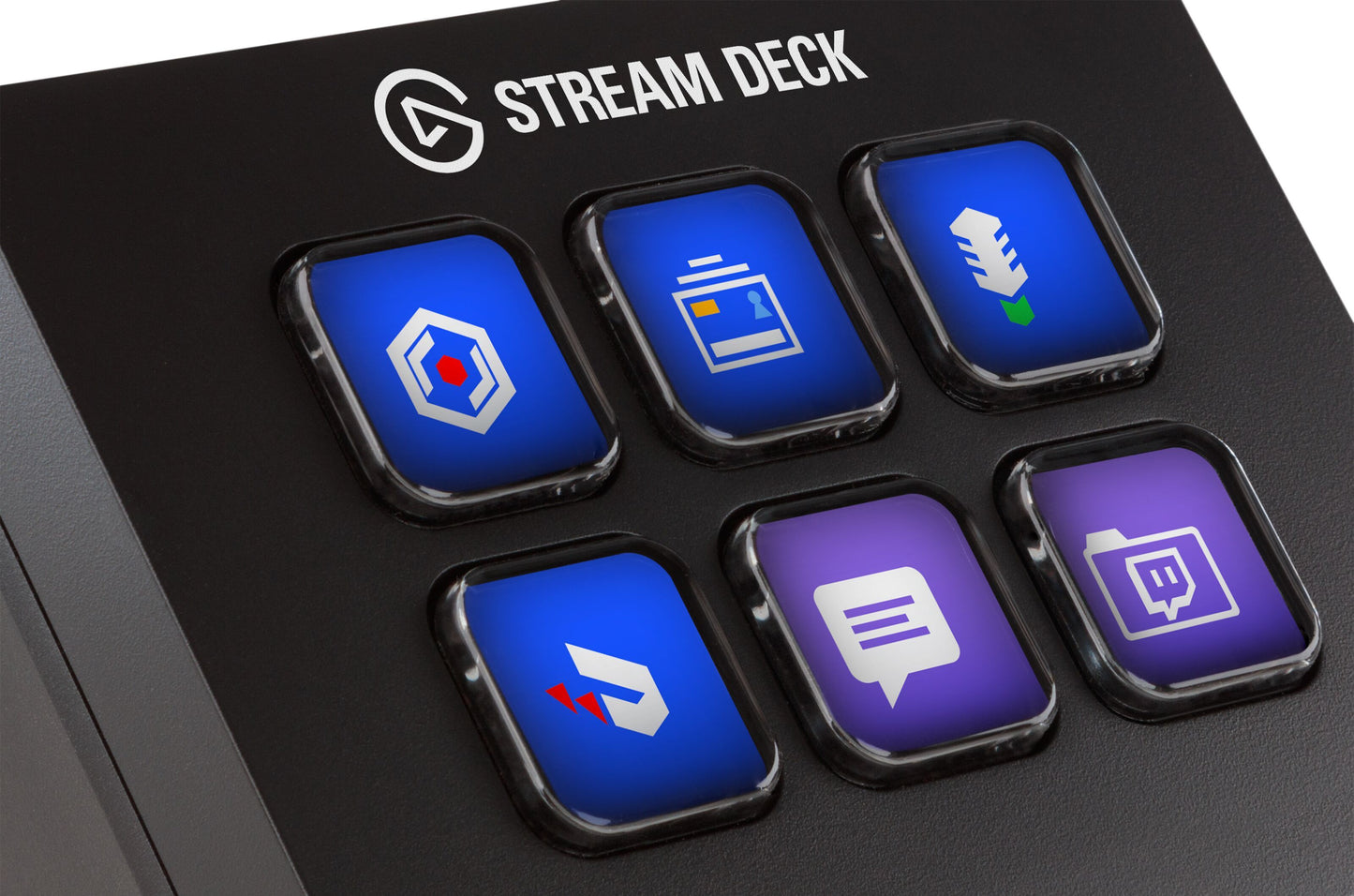 Elgato Stream Deck Mini programmerbart tastatur sort, seks belyste LCD-taster med ikoner som mikrofon og Twitch-logo.