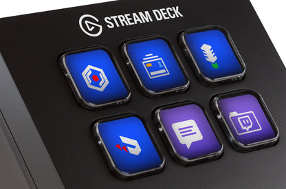 Elgato Stream Deck Mini programmerbart tastatur sort, seks belyste LCD-taster med ikoner som mikrofon og Twitch-logo.
