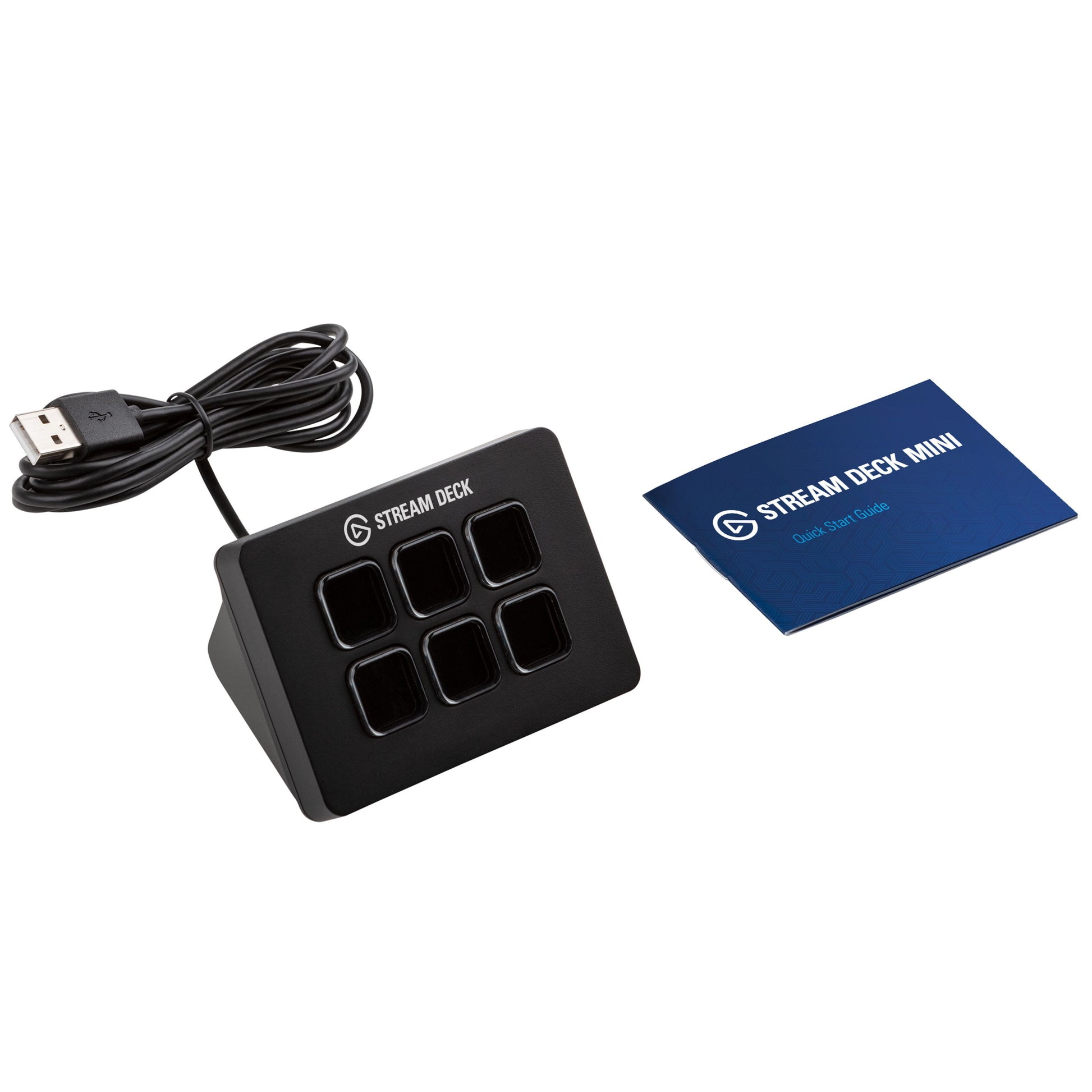 Elgato Stream Deck Mini sort med seks programmerbare LCD-taster, fastgjort USB-kabel, ved siden af blå quick start-guide.