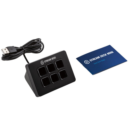 Elgato Stream Deck Mini sort med seks programmerbare LCD-taster, fastgjort USB-kabel, ved siden af blå quick start-guide.