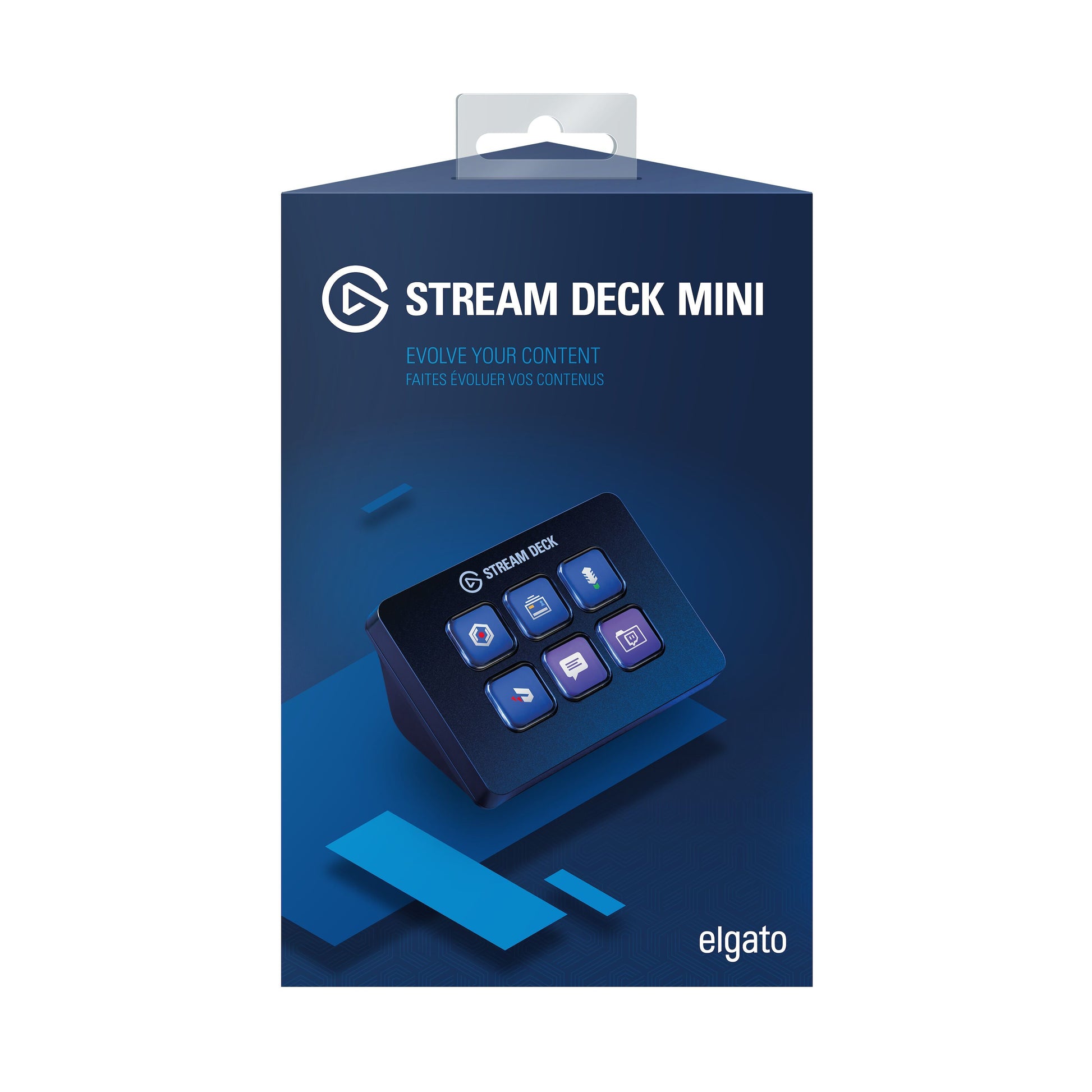 Elgato Stream Deck Mini programmerbart tastatur med 6 LCD-taster på blå æske, Elgato-logo og teksten "Evolve Your Content.
