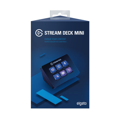 Elgato Stream Deck Mini programmerbart tastatur med 6 LCD-taster på blå æske, Elgato-logo og teksten "Evolve Your Content.