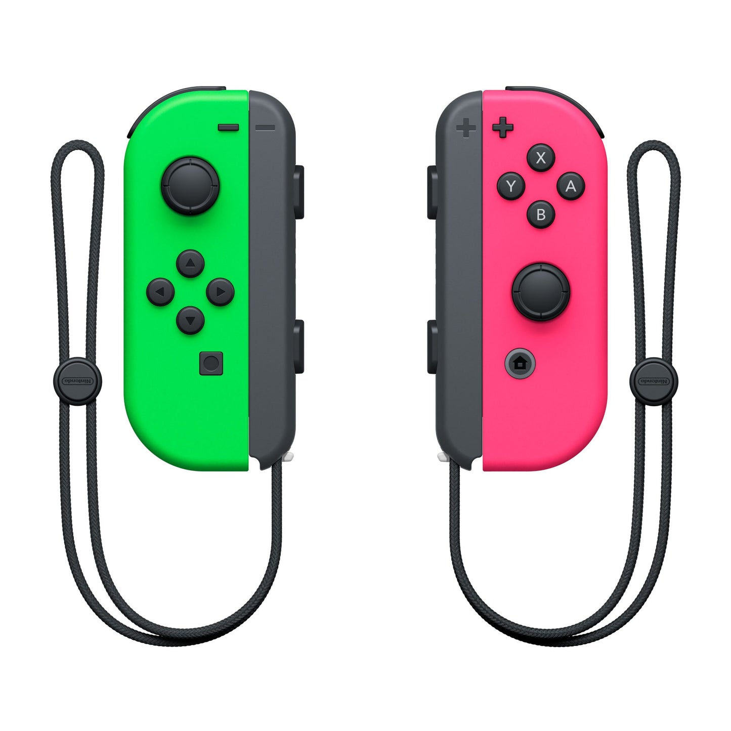 Nintendo Joy-Con-controllerpar i lyserød og grøn med sort håndledsremme.