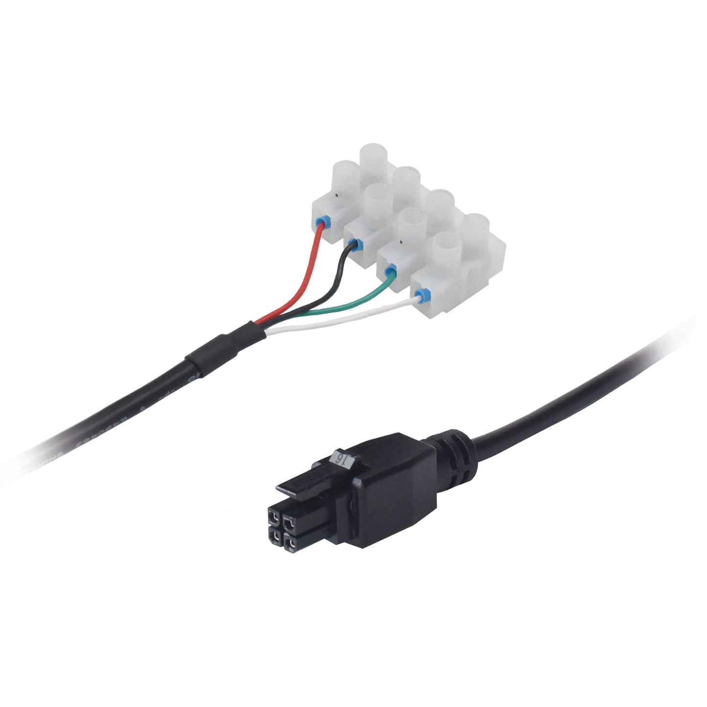 Teltonika Strømkabel med skrueforbindelse sort rektangulært stik og 4-leder terminal (sort, rød, hvid, grøn) til 4G router.