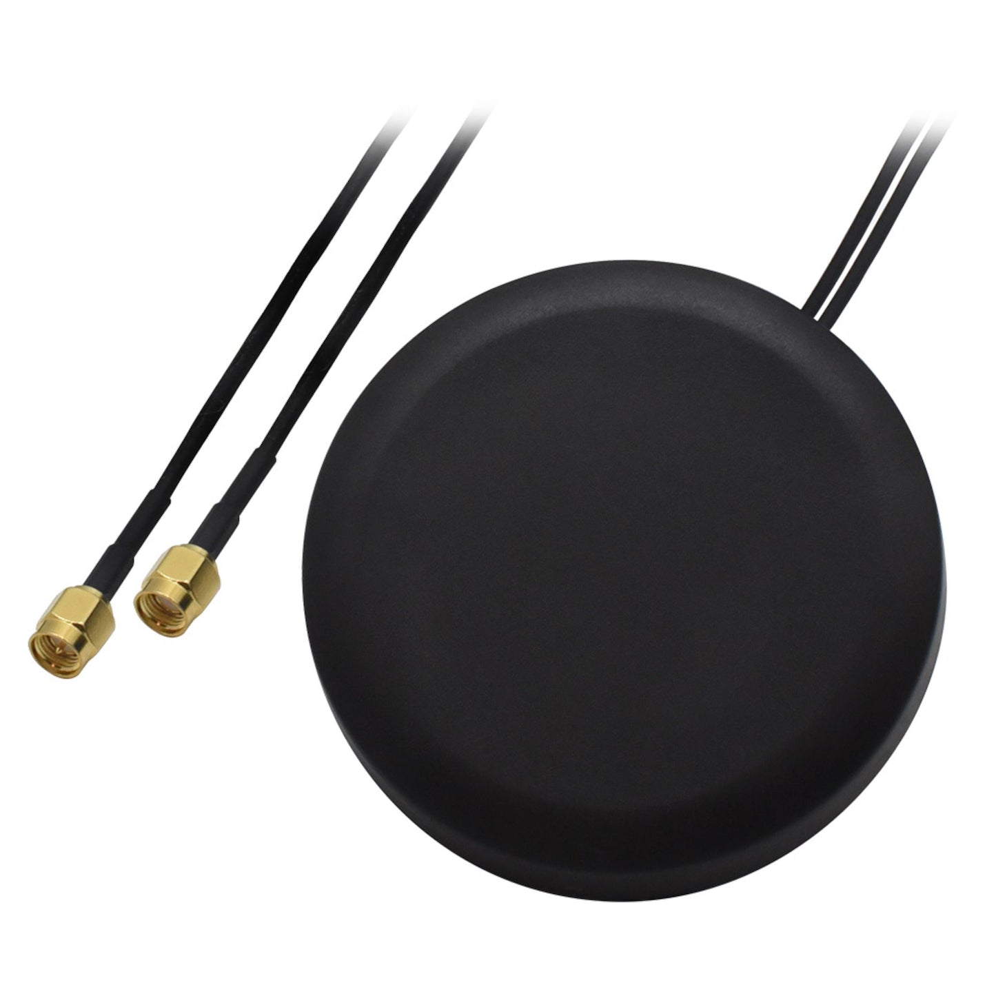 Teltonika 4G antenne, sort, rund, IP67, MIMO 2,5 dBi med to kabler og guld SMA stik.