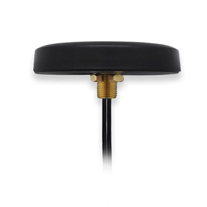 Sort rund 4G-antenne med Mimo 2,5 dBi, flad top, IP67, metalboltmontage og sort kabel fra midten.