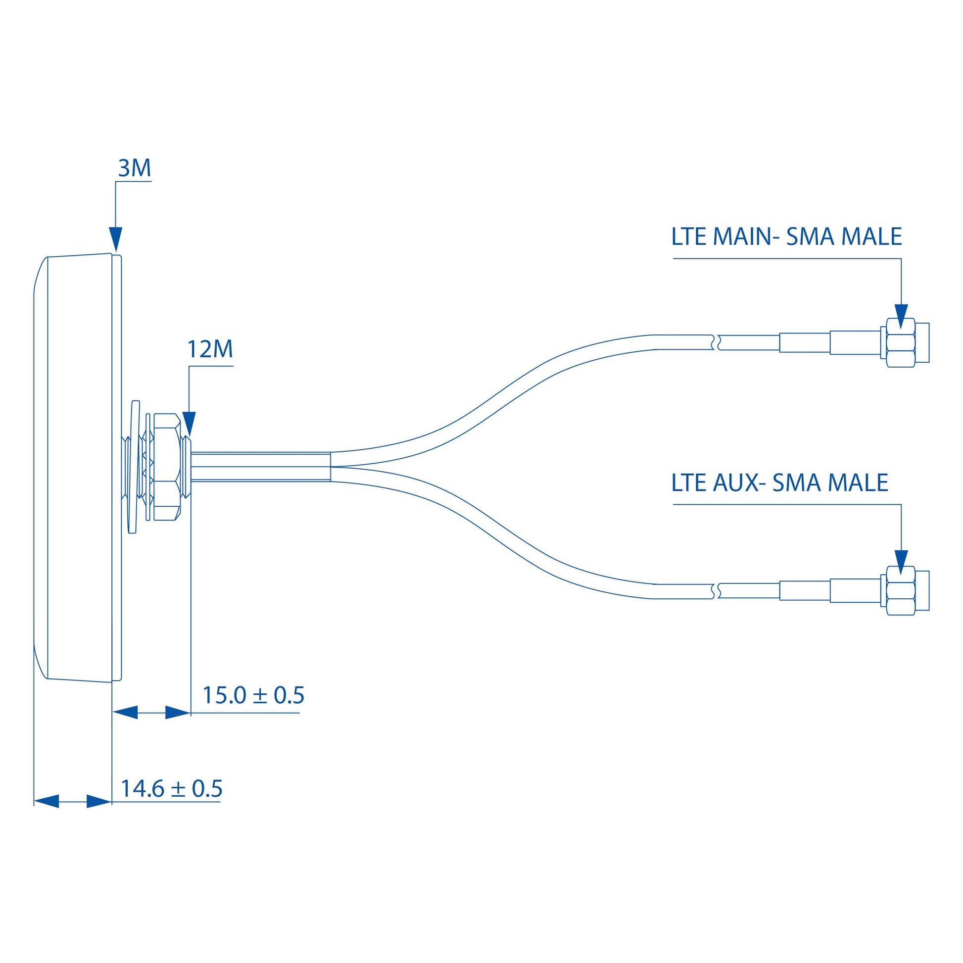 Teltonika 4G-antenne Mimo 2,5 dBi IP67 med to kabler LTE MAIN  AUX SMA han 3m/12m base 15mm højde 14,6mm.