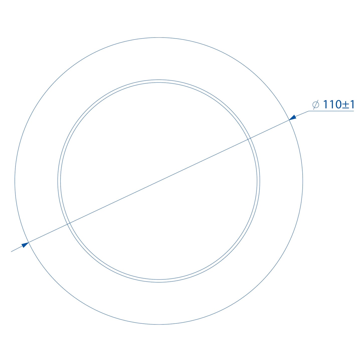 Teltonika kombinationsantenne 4G/GPS/Wifi vist som stor cirkel delt af diagonal, 110±1° markeret ved højre kant.