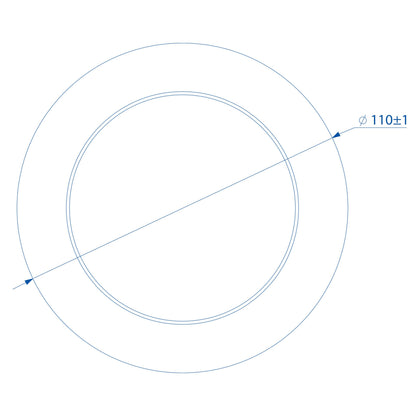 Teltonika kombinationsantenne 4G/GPS/Wifi vist som stor cirkel delt af diagonal, 110±1° markeret ved højre kant.
