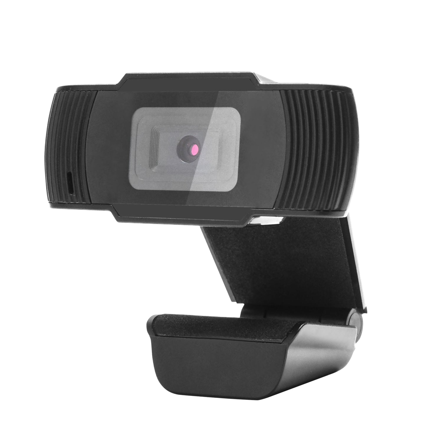 Sort Full HD webkamera med indbygget mikrofon, central linse, justerbar clipbase og USB-tilslutning.