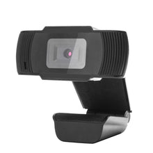 Sort Full HD webkamera med indbygget mikrofon, central linse, justerbar clipbase og USB-tilslutning.