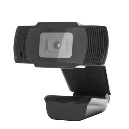 Sort Full HD webkamera med indbygget mikrofon, central linse, justerbar clipbase og USB-tilslutning.